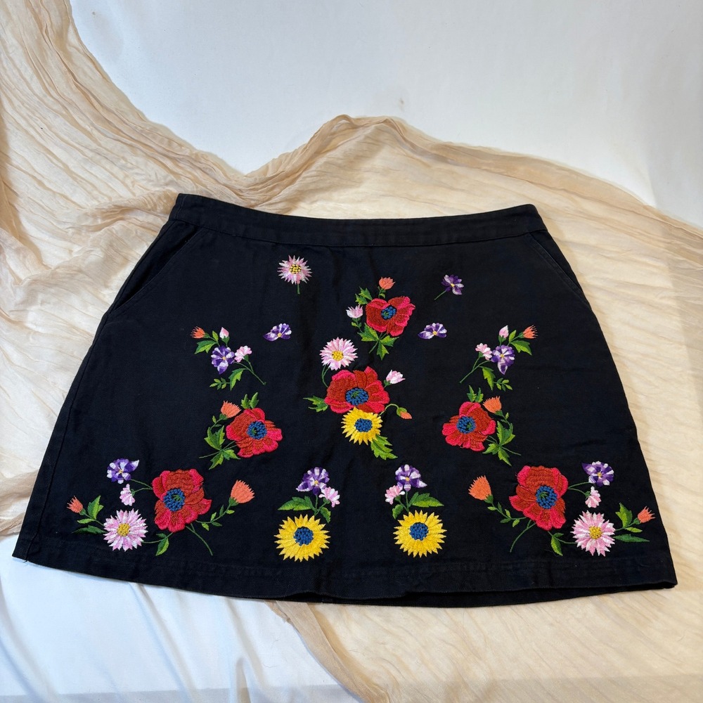 Top‎ Shop Womens Black Linen Floral Embroidered Pencil Skirt Sz 12